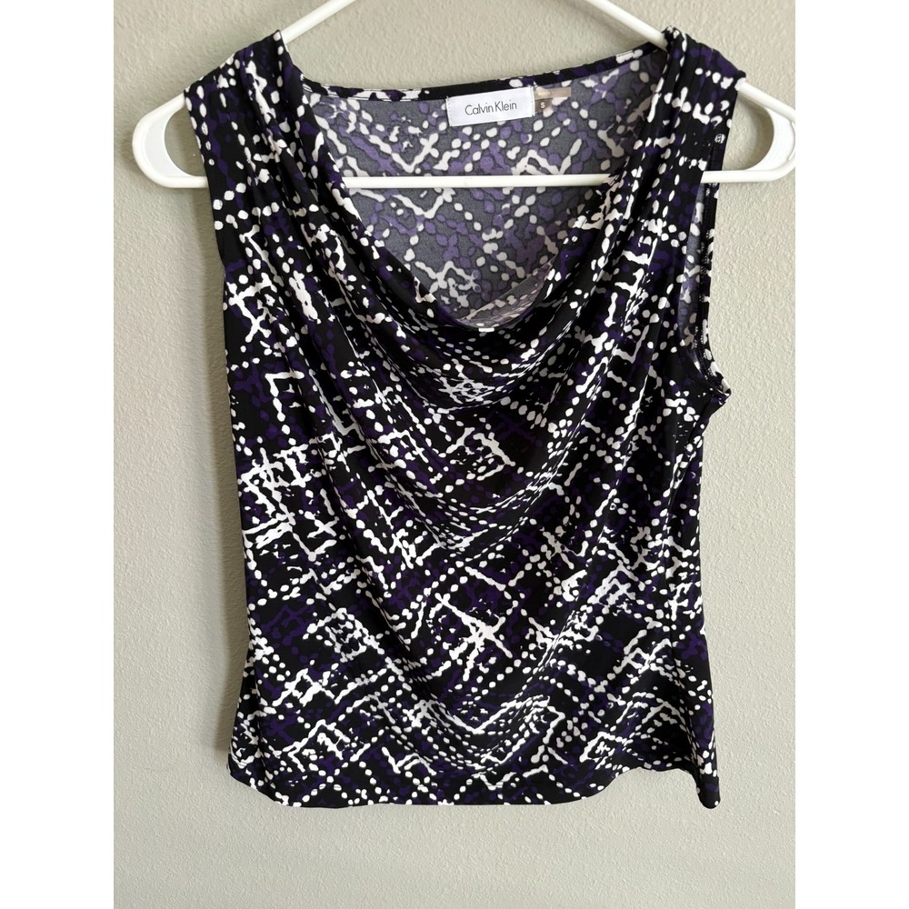 Calvin Klein Womens Multicolor Draped Neck Sleeveless Geometric Top Size S